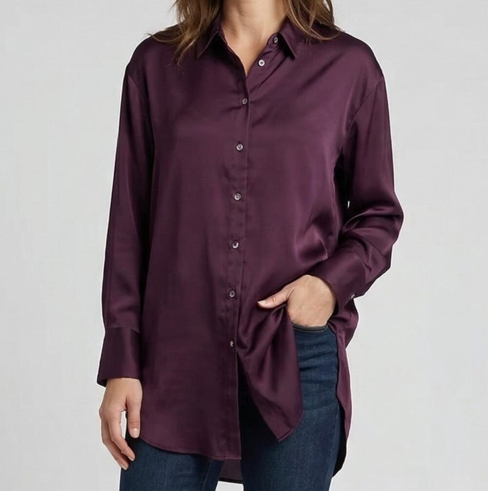 Cato Est 1946 Large Maroon Red Satin Button Front Long Top